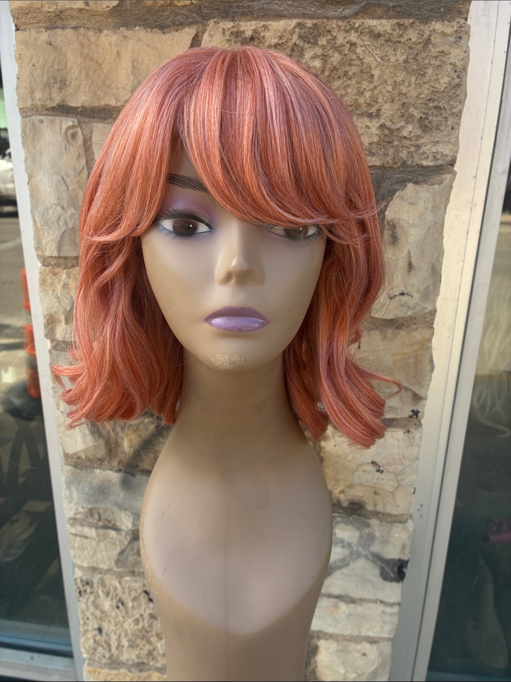 Short curly bob wig salmon coral pastel orange